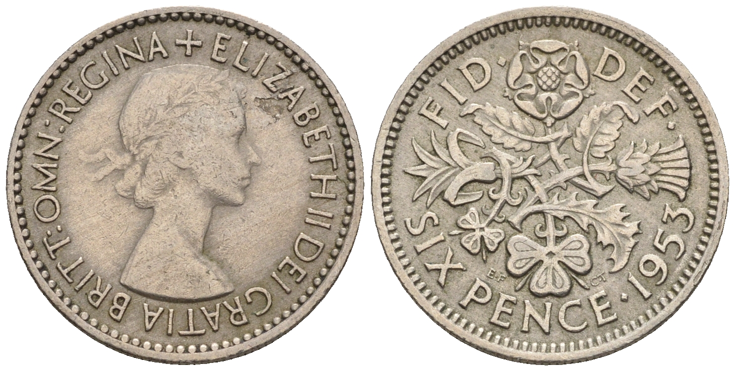 Великобритания 6 пенсов 1953 Елизавета II (1952-2022) KM 889, Spink 4141 медно-никель 4609-1123