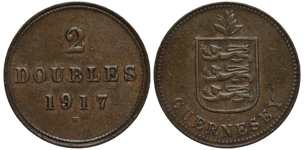 Гернси 2 дабла (дубля) 1917 H, самый редкий год, тираж 15000 экземпляроа KM 12 бронза 650-631