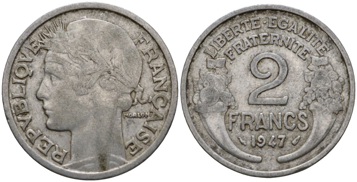 Франция 2 франка 1947 KM 886a алюминий 4601-413