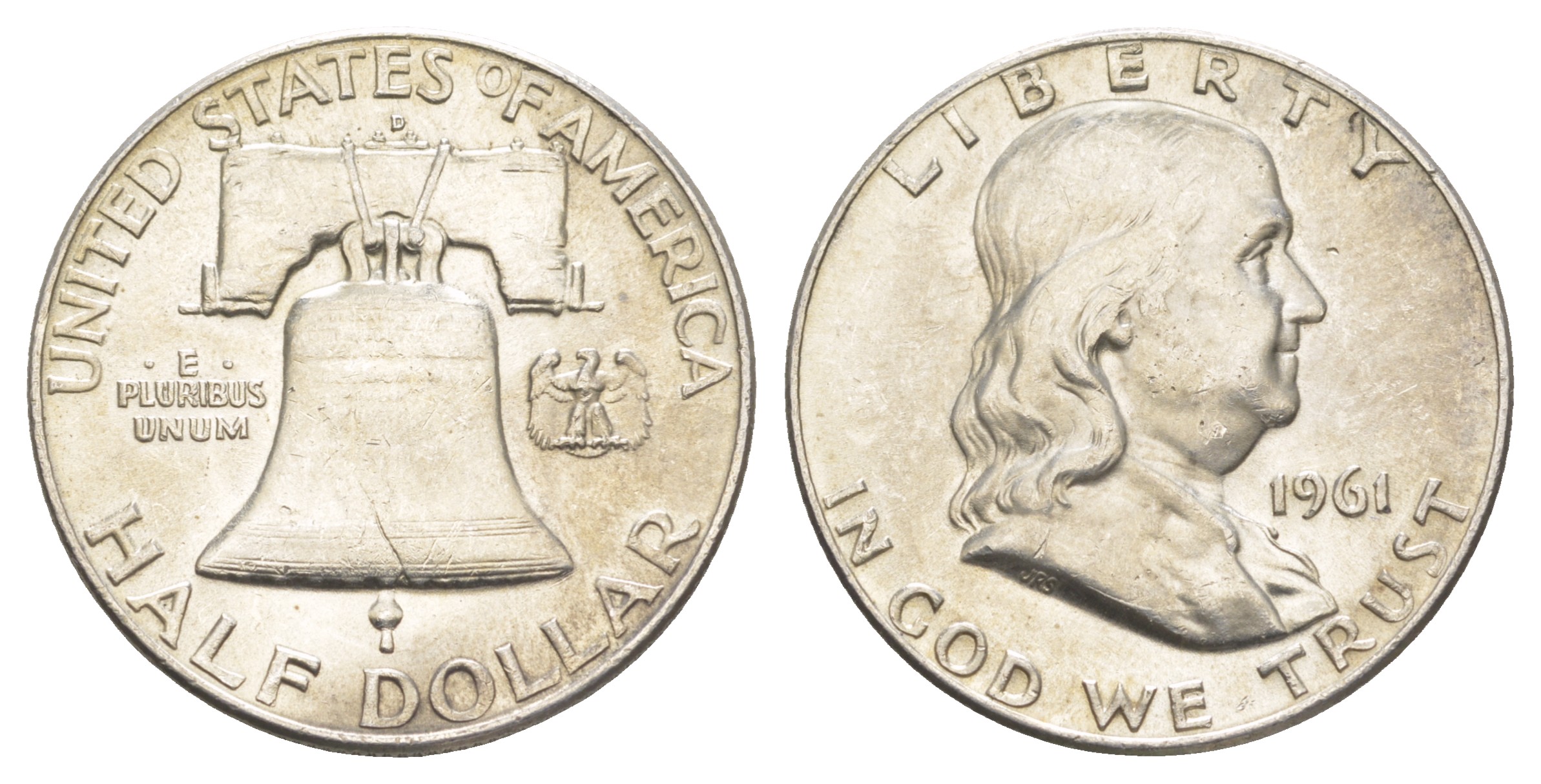 США 1/2 доллара (50 центов) 1961 Бенджамин Франклин, колокол KM 199 серебро  aUNC  4653-126