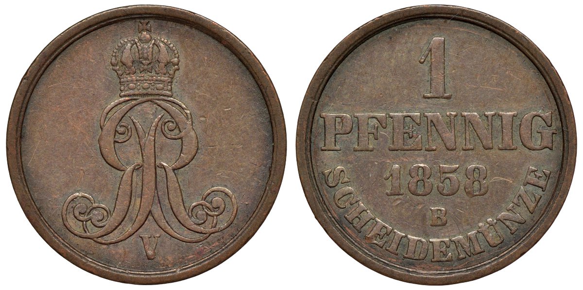 Ганновер 1 пфенниг 1858 B, Георг V KM 233, AKS 156, J. 90 медь 4594-551