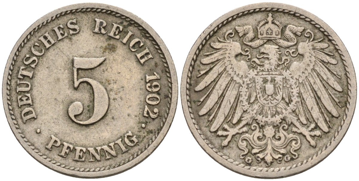Германия 5 пфеннигов 1902 A KM 11, J. 12 медно-никель 4151-432