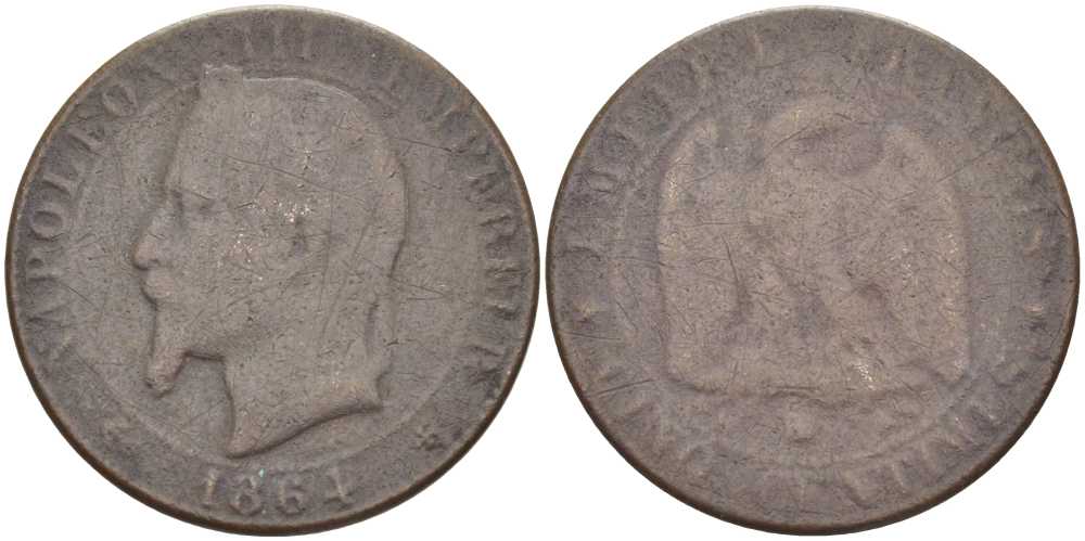 ФРАНЦИЯ 5 САНТИМОВ 1864 ВВ, НАПОЛЕОН III (1852-1870) KM 798.2, LE FRANC 134.12 бронза 175-314
