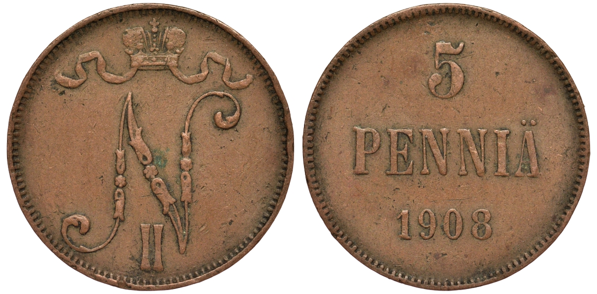 Россия для Финляндии 5 пенни 1908 Николай II (1894-1917) KM 15, Биткин 449 медь 75-744