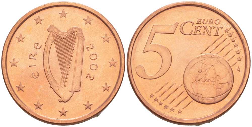 ИРЛАНДИЯ 5 ЕВРОЦЕНТОВ 2002 KM 34 сталь плакированная медью UNC 214-253