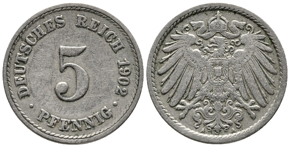 ГЕРМАНИЯ 5 ПФЕННИГОВ 1902 A KM 11, J. 12 медно-никель 39-759