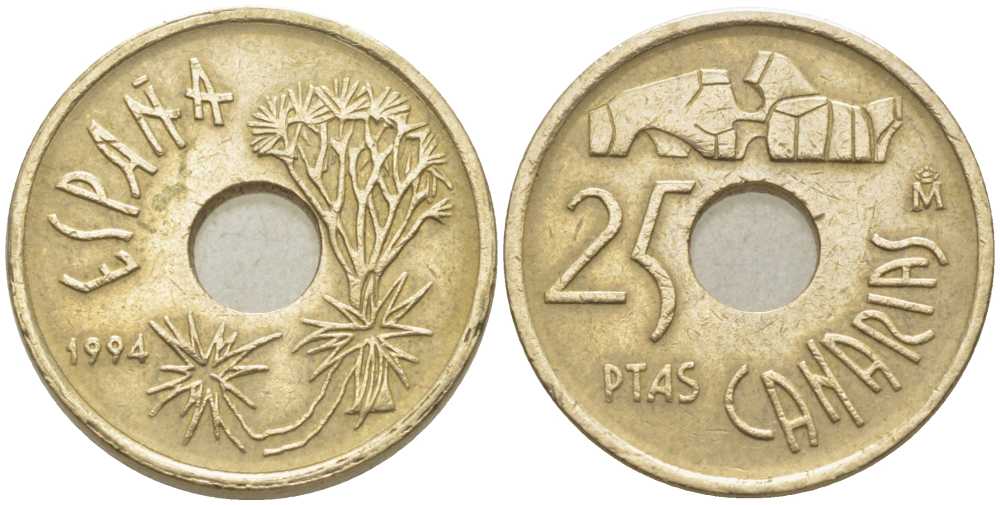 ИСПАНИЯ 25 ПЕСЕТ 1994 КАНАРСКИЕ ОСТРОВА (CANARIAS), ХУАН КАРЛОС I (1975-) KM 933 никель бронза 117-212