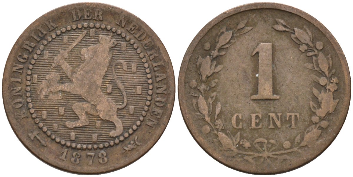 Нидерланды 1 цент 1878 Виллем III (1849-1890) KM 107 бронза 4576-534