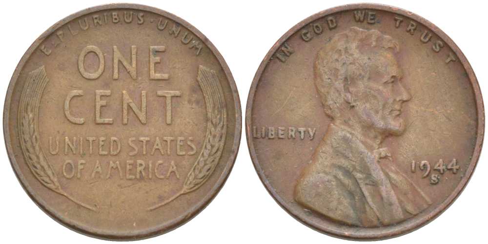 США 1 ЦЕНТ 1944 S, ЛИНКОЛЬН KM А132 медь цинк 3309-467