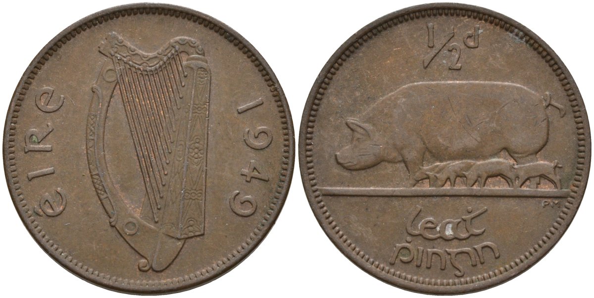 Ирландия 1/2 пенни 1949 свинья с поросятами KM 10 бронза 4146-543