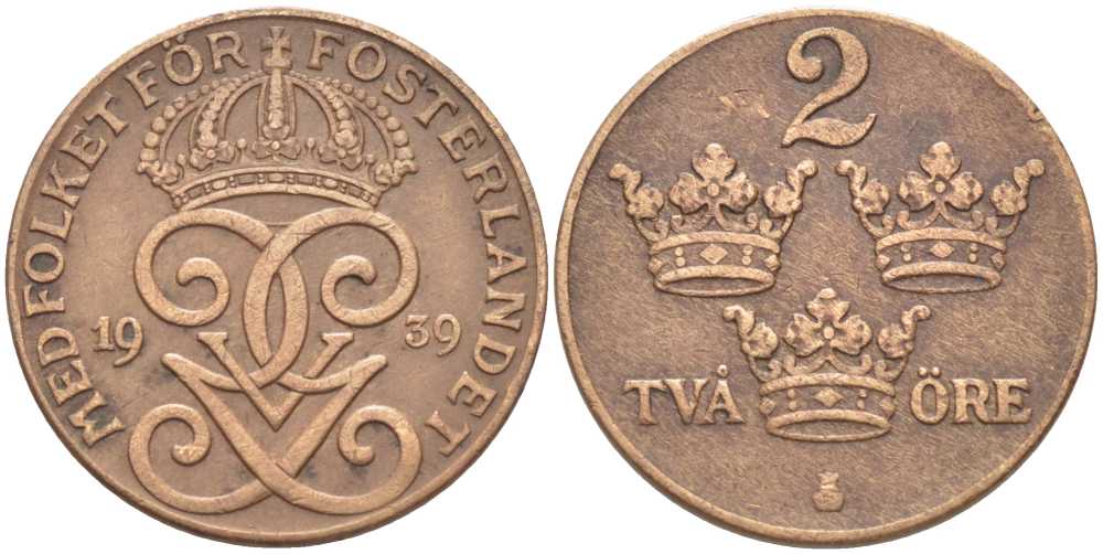 Швеция 2 эре 1939 Густав V (1907-1950) KM 778 бронза 119-1023