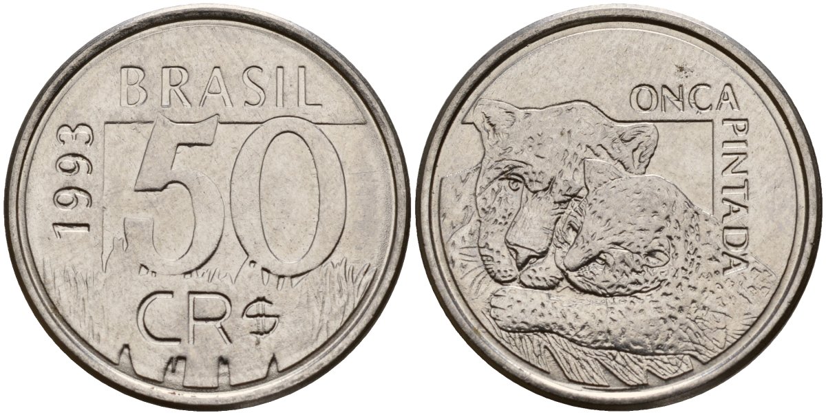 Бразилия 50 крузейро реал 1993 реформа 1993-1994 KM 629 нержавеющая сталь 4156-457