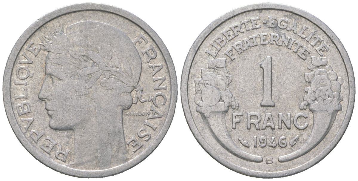 Франция 1 франк 1946 B KM 885a.2, Le Franc 221 алюминий 4582-112