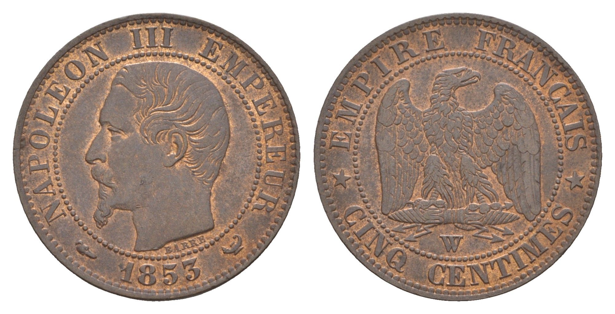 Франция 5 сантимов 1853 W, Наполеон III (1852-1870) KM 777.7, Le Franc 2014 116/7 бронза aUNC 443-1444
