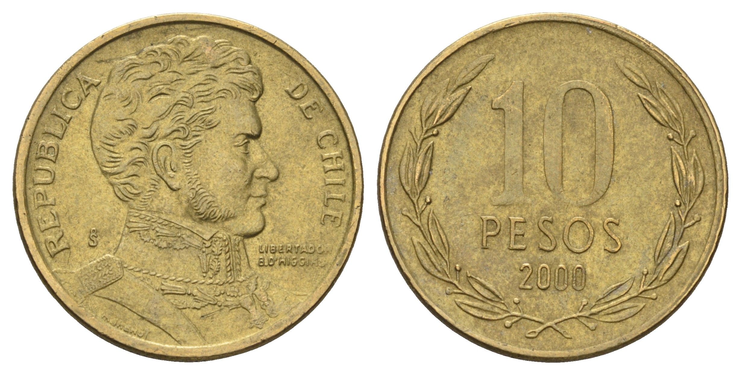 Чили 10 песо 2003 KM 228 никель латунь aUNC 4689-264