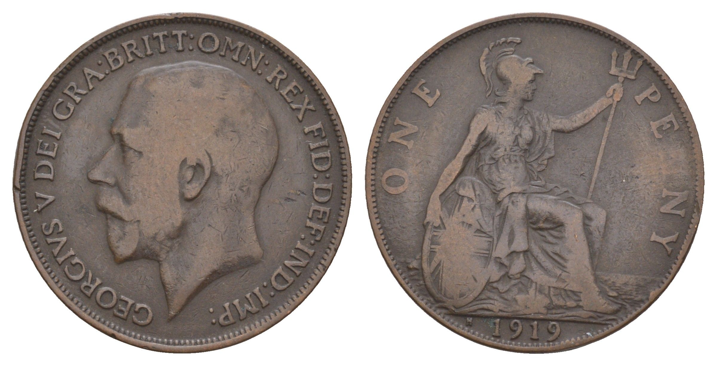 Великобритания 1 пенни 1919 H, Георг V (1910-1936) KM 810, Spink 4052 бронза 114-534