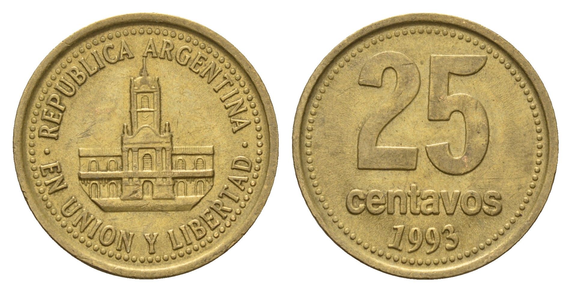 Аргентина 25 сентаво 1993 ратуша Буэнос-Айреса KM 110.1 алюминиевая бронза 4575-636