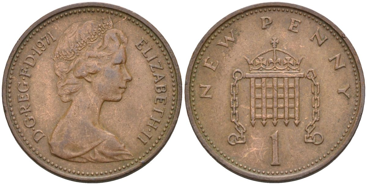 Великобритания 1 пенни 1971 Елизавета II (1952-2022) KM 915, Spink 4237 (B1) бронза 4115-666