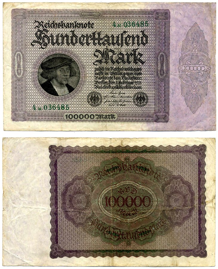 Германия 100000 марок 1923 1 февраля 1923, выпуск (март 1923-5 июля 1925), номер шестизначный, серия 4M 036485 Pick 83, Розенберг 82d бумага 8518-10-1-2