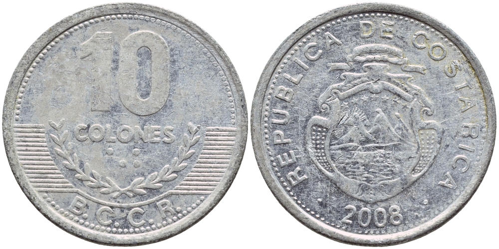 КОСТА-РИКА 10 КОЛОН 2008 B.C.C.R. KM 228b алюминий 51-2435