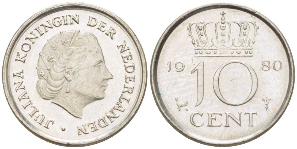 Нидерланды 10 центов 1980 Юлиана (1949-1980) KM 182 никель 211-1255