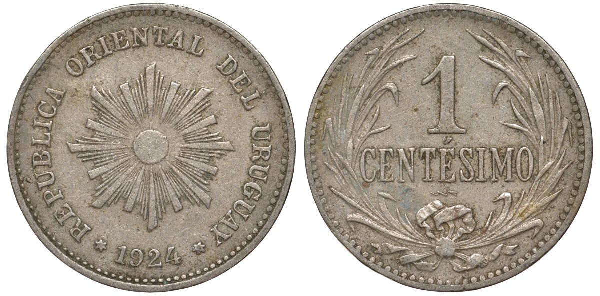 Уругвай 1 сентесимо 1924 KM 19 медно-никель 99-845