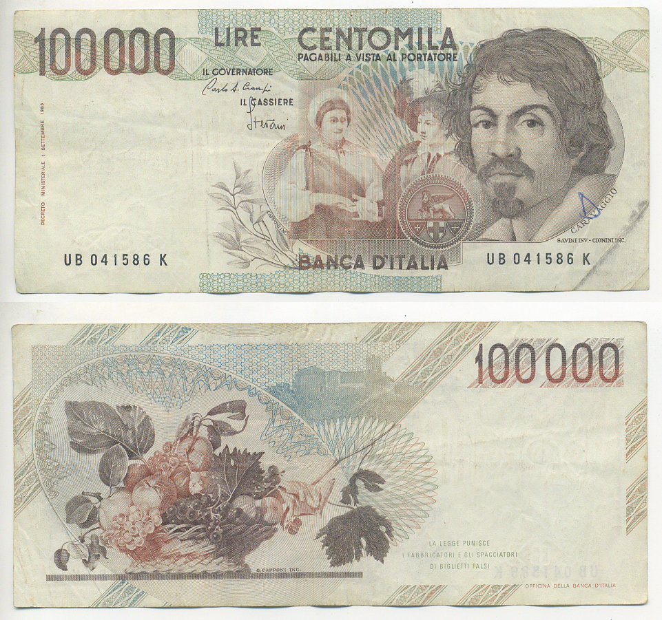 Италия 100000 лир 1983 Караваджо, фруктовый букет, подпись Speziali Pick 110b бумага 7220-27-2