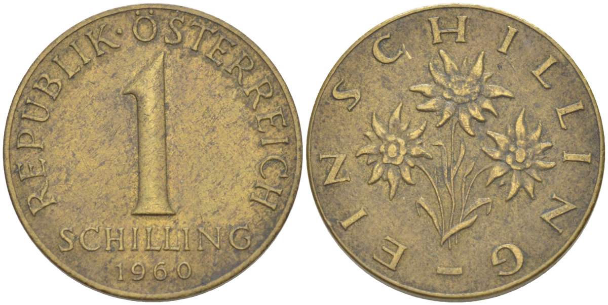 Австрия 1 шиллинг 1960 KM 2886 алюминиевая бронза 4525-533