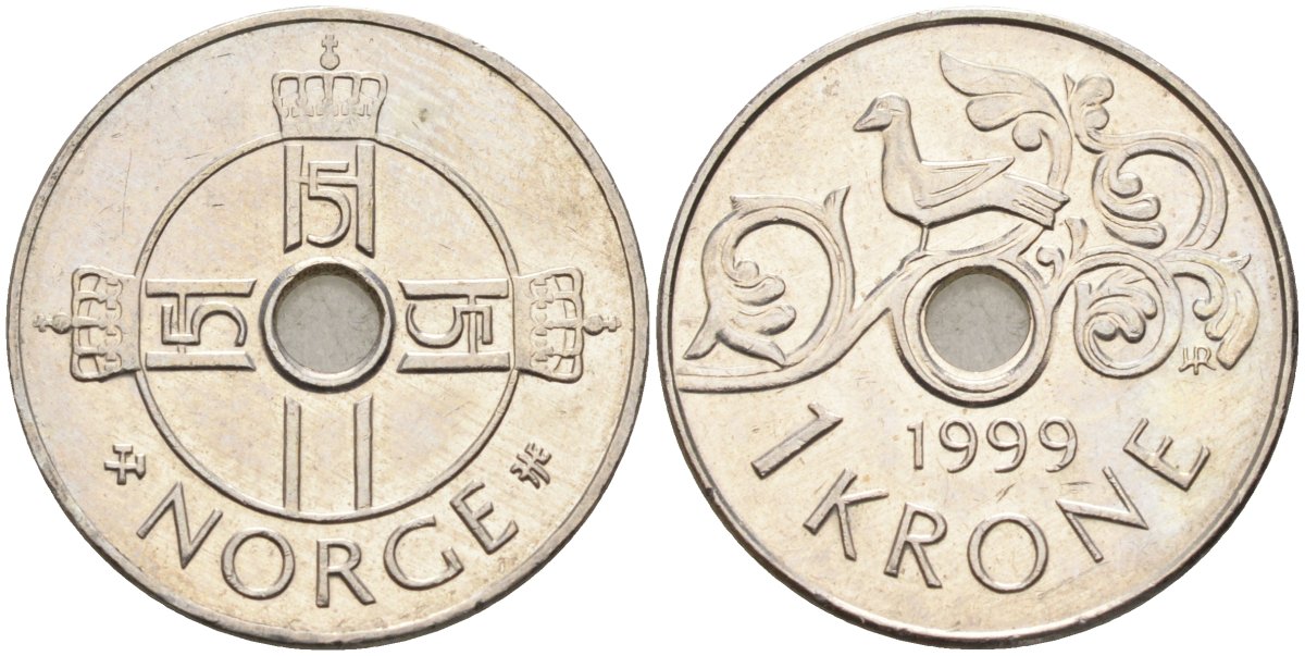 Норвегия 1 крона 1999 Харальд V (1992-) KM 462 медно-никель 4582-742