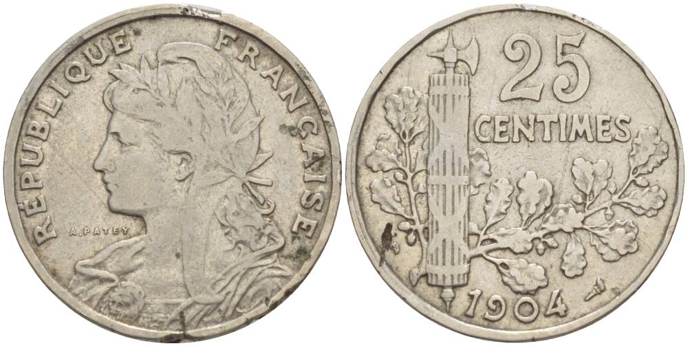 ФРАНЦИЯ 25 САНТИМОВ 1904 KM 856 никель 4551-626