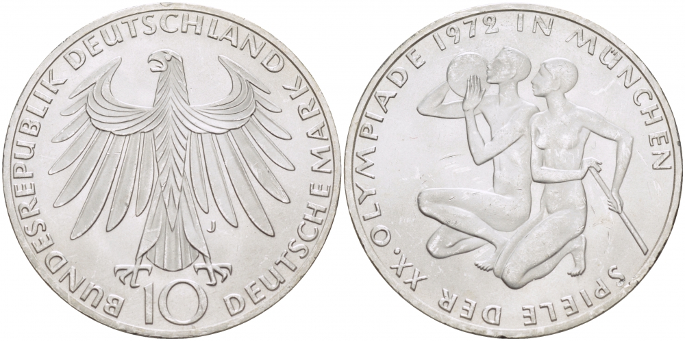ФРГ 10 марок 1972 J, XX летние Олимпийские Игры, Мюнхен 1972, спортсмены KM 132, J. 403 серебро UNC 4127-122