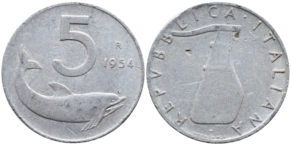 ИТАЛИЯ 5 ЛИР 1954 R, РУЛЬ, ДЕЛЬФИН KM 92 алюминий 4391-1143