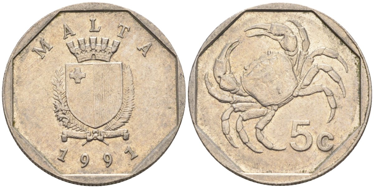 Мальта 5 центов 1991 краб KM 95 медно-никель 4588-112