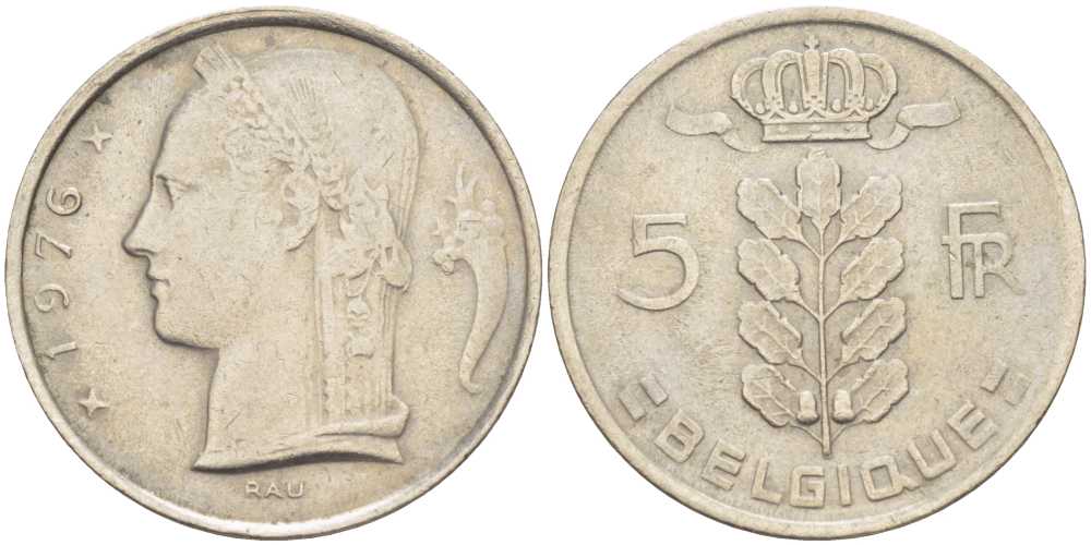 БЕЛЬГИЯ 5 ФРАНКОВ 1976 BELGIQUE, БОДУЭН I (1951-1993) KM 134.1 медно-никель 202-1254