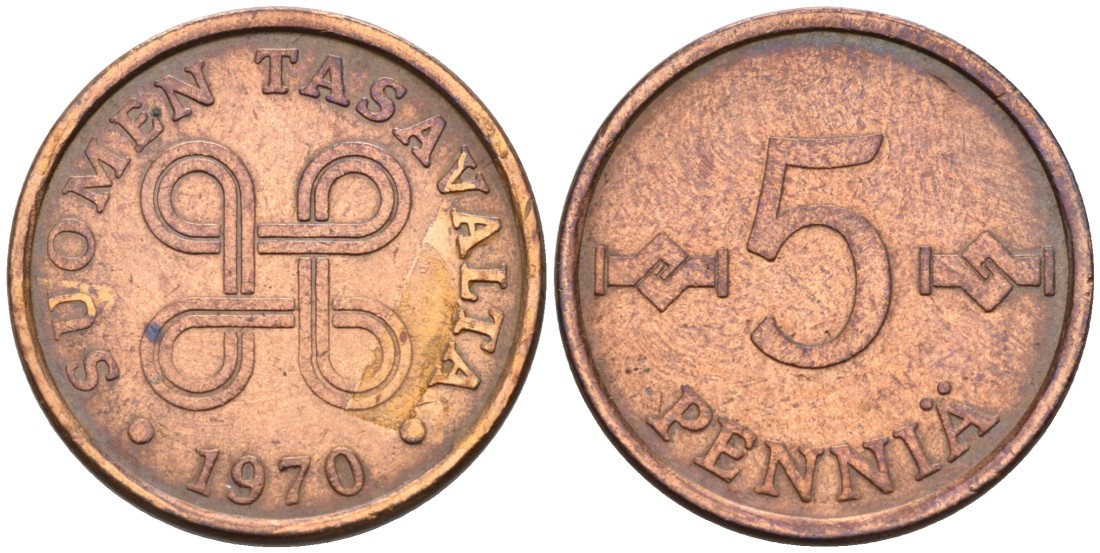 Финляндия 5 пенни 1970 KM 45 медь 4528-618