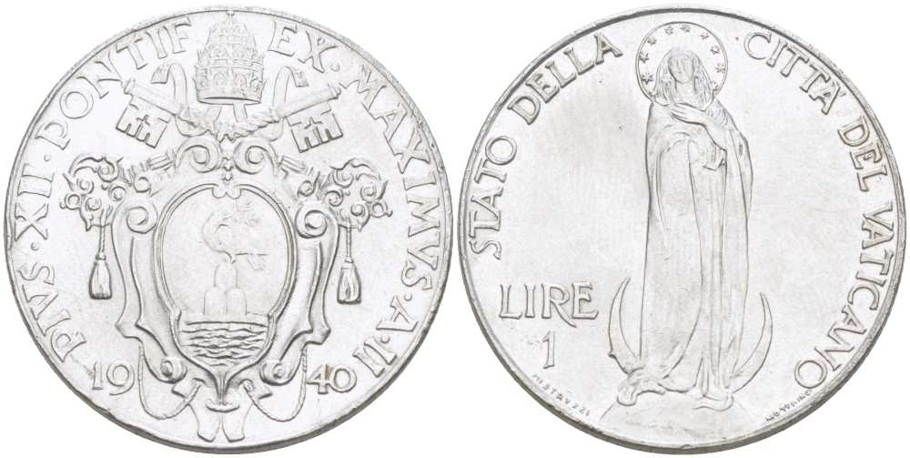 Ватикан 1 лира 1940 II год, папа Пий XII (1939-1958), Дева Мария KM 26a нержавеющая сталь 4512-846