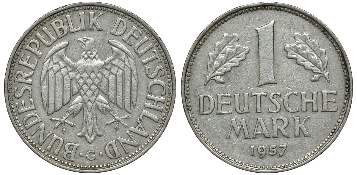 ФРГ 1 МАРКА 1957 G KM 110, J. 385 медно-никель 72-643