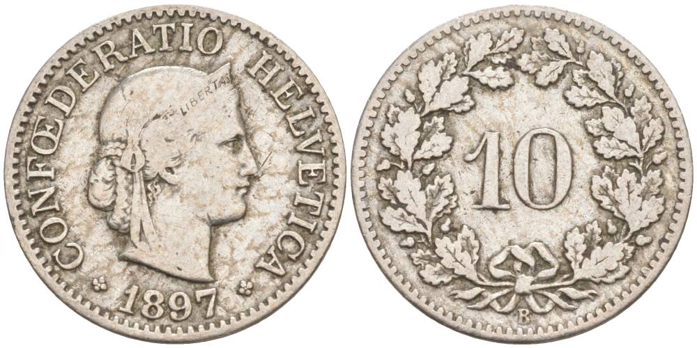ШВЕЙЦАРИЯ 10 РАППЕНОВ 1897 В KM 27 медно-никель 4181-1228
