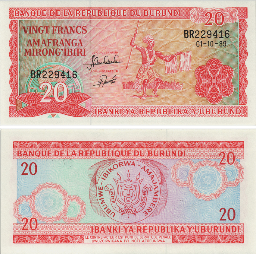 БУРУНДИ 20 ФРАНКОВ 1989 Pick 27b бумага UNC (ПРЕСС) 8605-32-1-2