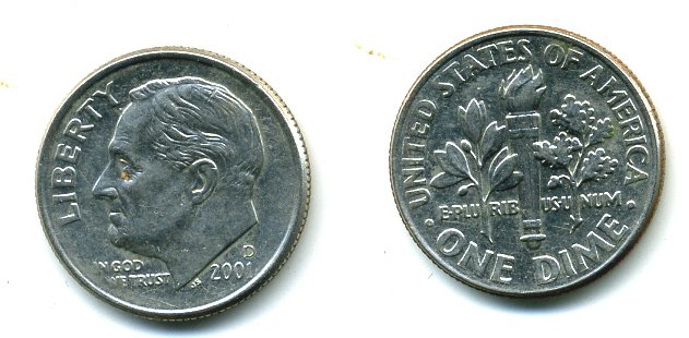 США 10 ЦЕНТОВ = 1 ДАЙМ 2001 D, РУЗВЕЛЬТ KM 195а медь плакированная медно-никелем 46-2547