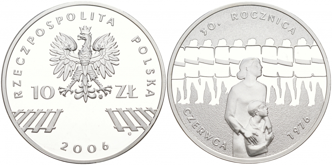 Польша 10 злотых 2006 MW, 30 лет акциям протеста в июне 1976 года KM 598 серебро PROOF 1087-8-52