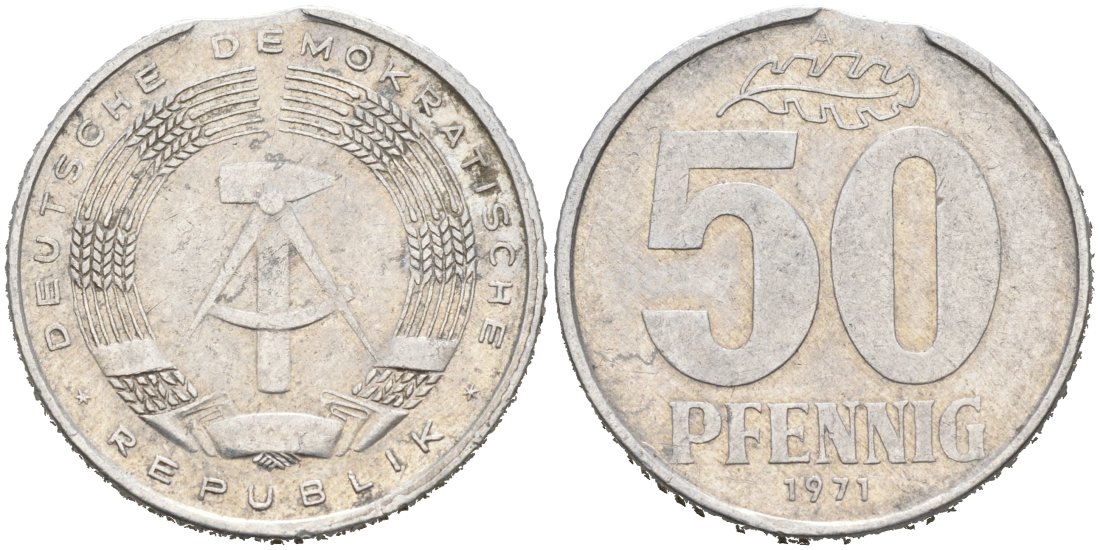 ГДР 50 пфеннигов 1971 А, брак заготовки KM 12.2 алюминий 4563-721