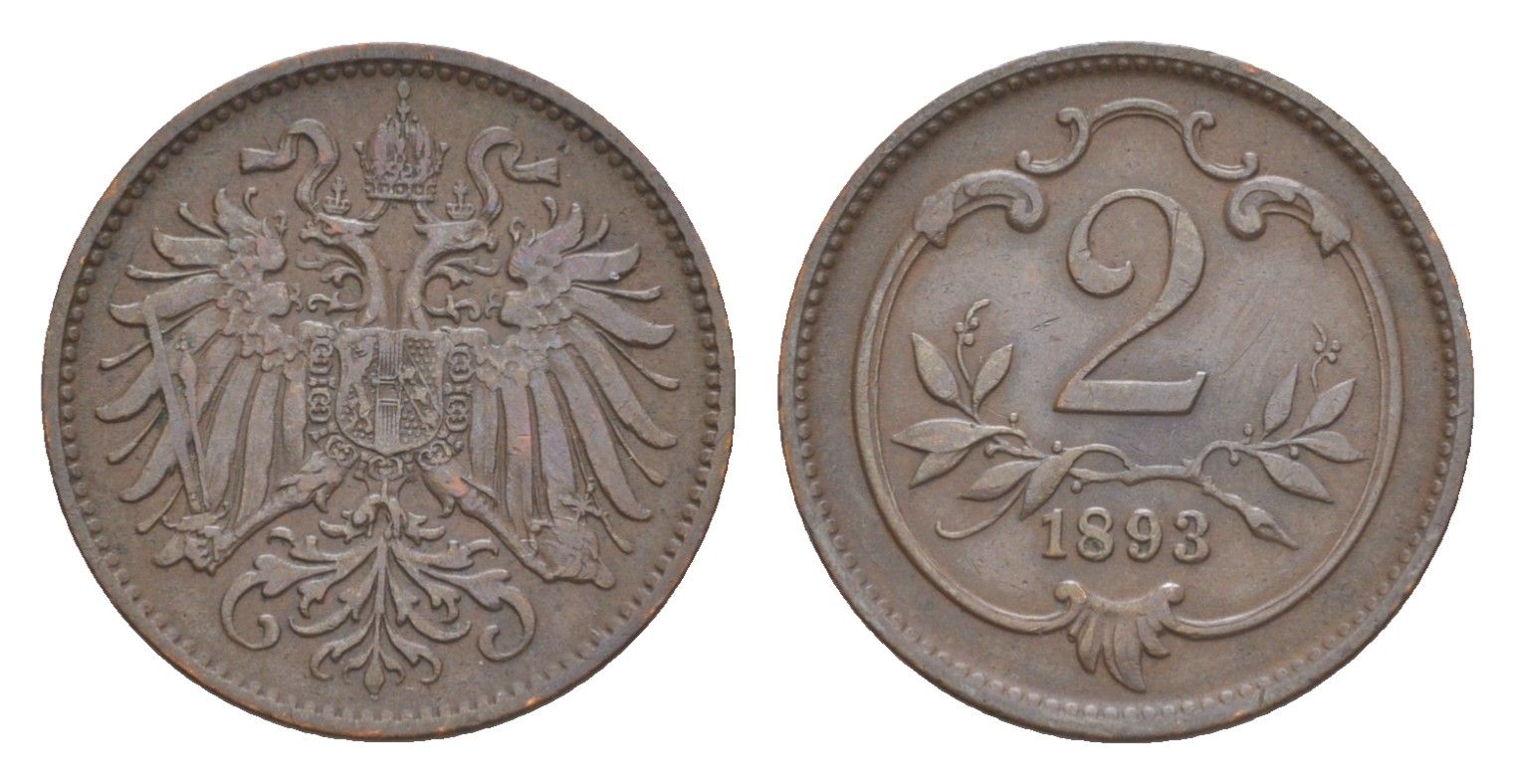 Австрия 2 геллера 1893 Франц Иосиф I (1848-1916) KM 2801 бронза 4639-967
