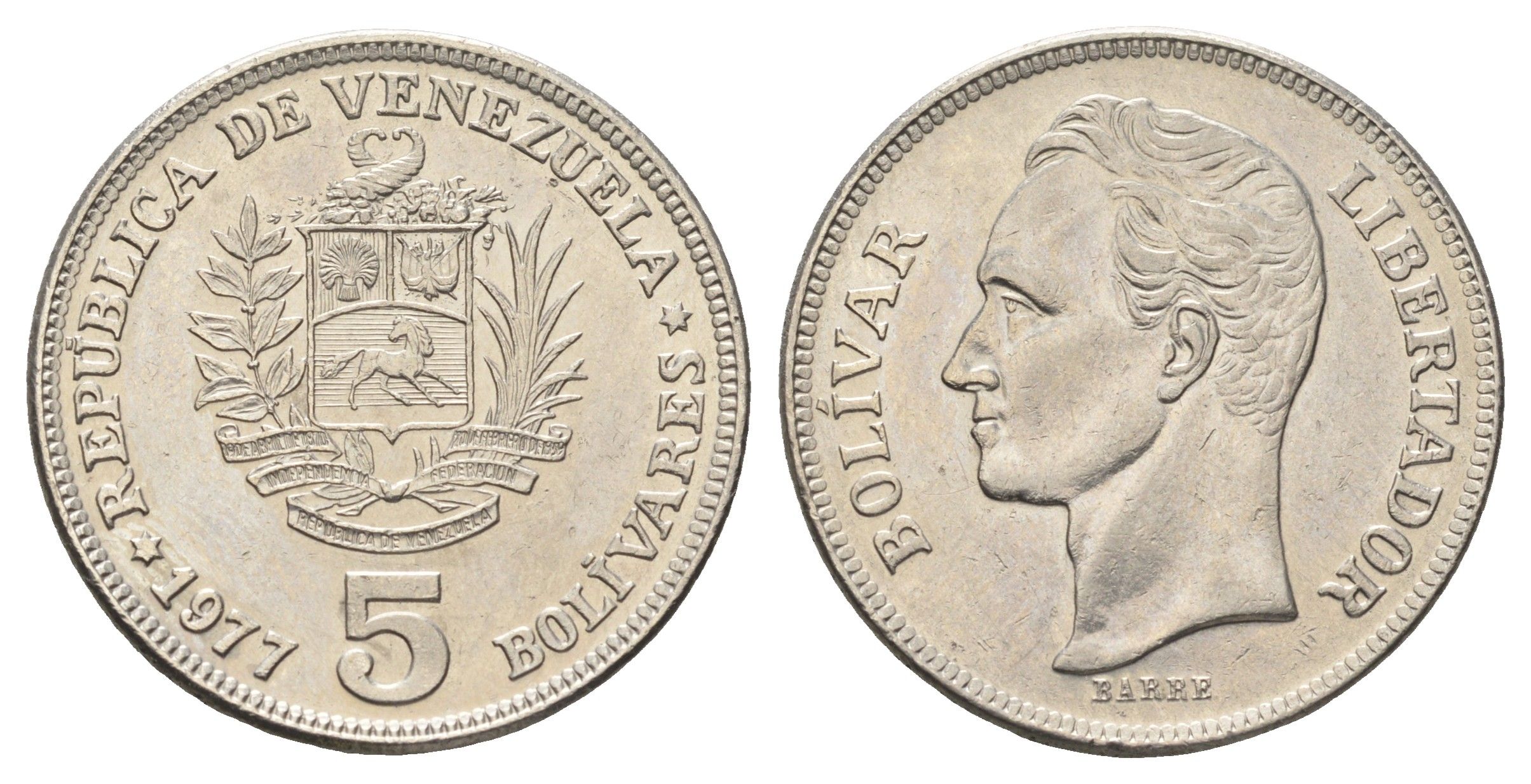 Венесуэла 5 боливаров 1977 Симон Боливар Y 53 никель aUNC 4667-712