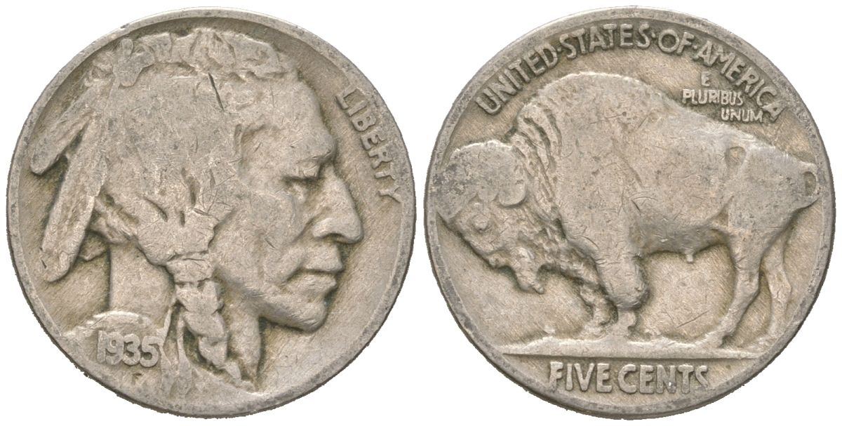 США 5 центов 1935 индеец, бизон KM 134 медно-никель 4614-1155