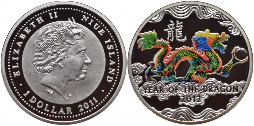 Ниуэ 1 доллар 2011 год Дракона, цветная эмаль, в оригинальной коробке KM 621 серебро PROOF 3-6-3-59