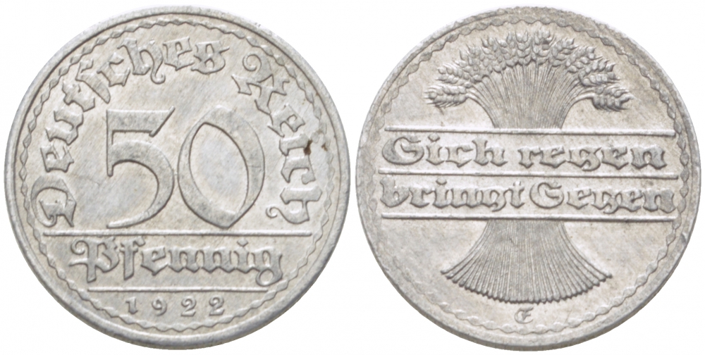 ГЕРМАНИЯ 50 ПФЕННИГОВ 1922 FG KM 27, J. 301, Weege 10 алюминий 77-624