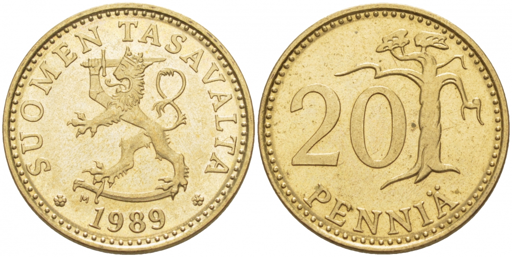 ФИНЛЯНДИЯ 20 ПЕННИ 1989 M KM 47 алюминиевая бронза UNC 3457-843