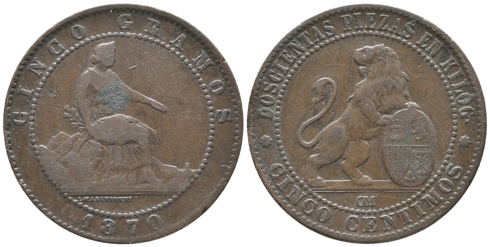 ИСПАНИЯ 5 САНТИМОВ 1870 ОМ KM 662 (Y53) медь 34-322