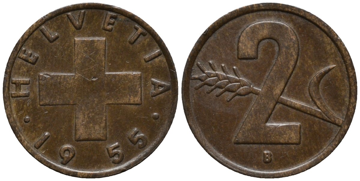 Швейцария 2 раппена 1955 В KM 47 бронза 4577-1141